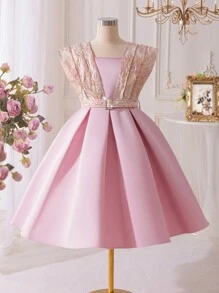 SHEIN فستان مطرز بالورود والجاكار المجدول للفتيات المراهقات، طراز أميرة، للحفلة، عيد الميلاد، طراز قصر فخم، فستان فتاة الزهور