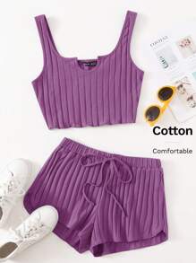 SHEIN EZwear 缺口領羅紋針織背心上衣和短褲套裝 - 紫羅蘭色 - 查看 6