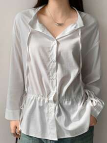 DAZY Camisa de mujer de manga larga con cordón y diseño sencillo, ropa de mujer de otoño - Blanco - Ver 4