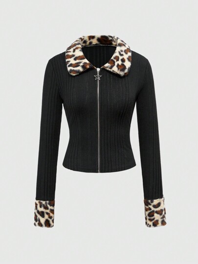 Grunge Punk Top corto ajustado con cremallera, estampado de leopardo, decoración de estrellas con flecos, estilo Harajuku Y2K para mujeres