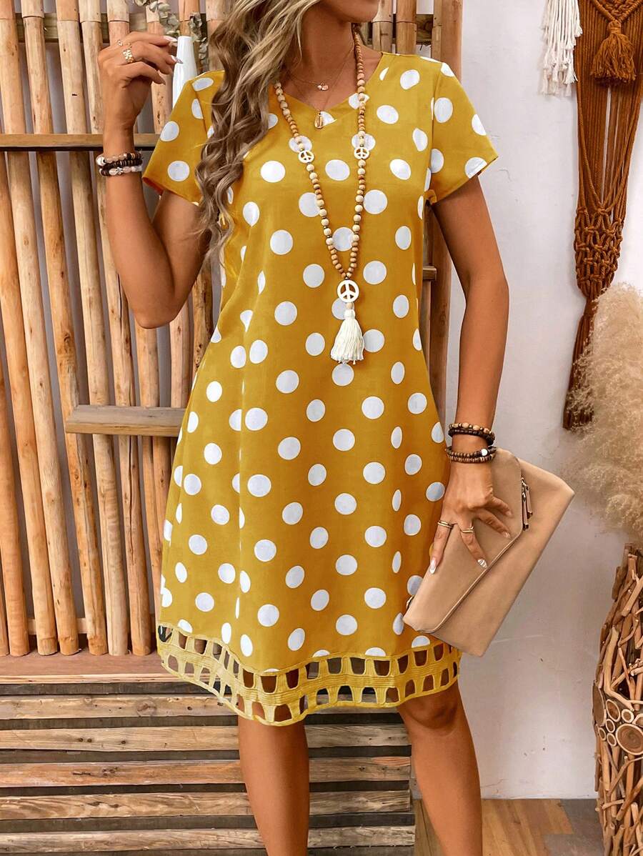 EMERY ROSE 女士圆点印花短袖休闲度假连衣裙 - 黃色 - 查看 1