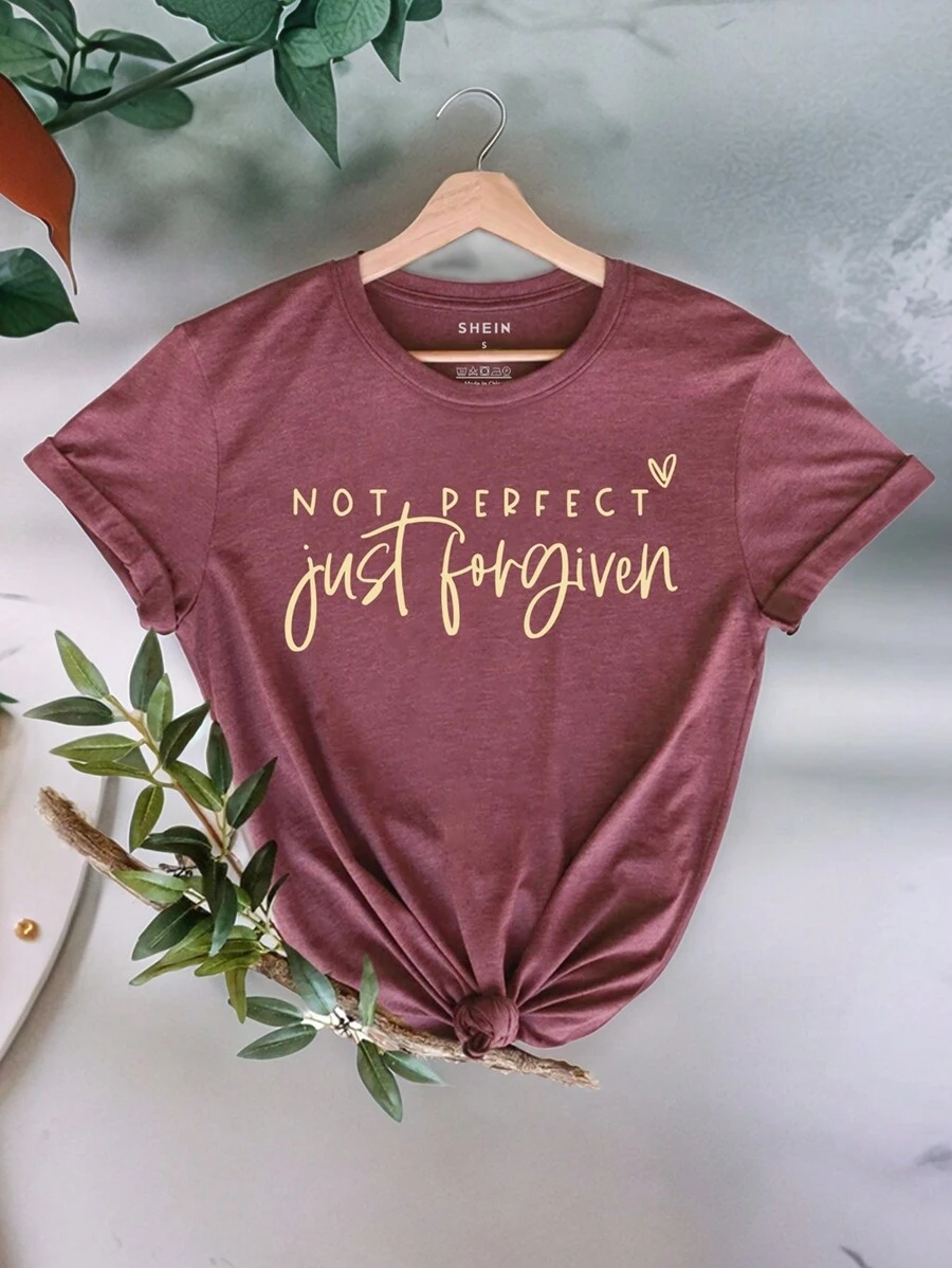 INAWLY Not Perfect Just Forgiven Slogan Graphic Regular Crew Neck Short Sleeve T-Shirt For Women - Redwood - View 1