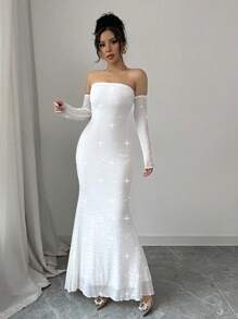 Chiquease New Elegant French Style Date/Office Dress. White Shiny Open Shoulder Mesh Insert Ruffle Decor Long Sleeve Bodycon Dress - White - View 1