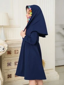 SHEIN Ramadan Young Girl Ruffled Long Sleeve Dress & Headscarf 2 Pieces Set, Traditional Style, Spring/Summer - Navy Blue - View 5