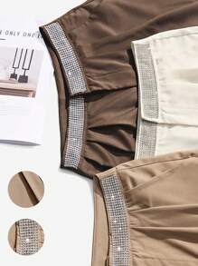 SHEIN Clasi Women's Waist Rhinestone Pleated Loose Pants - Khaki - View 3