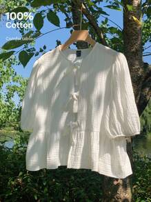Comfortcana Women's New Linen-Textured Puff-Sleeved Lace-Up Round-Neck Doll-Shaped Shirt, Suitable For Daily Wear, Best-Selling Style - White - View 6