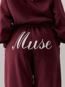 MUSERA High Rise Concealed Drawstring Elasticated "Muse" Print Wide Leg Sweatpants Vacation Summer Sexy - Burgundy - View 2