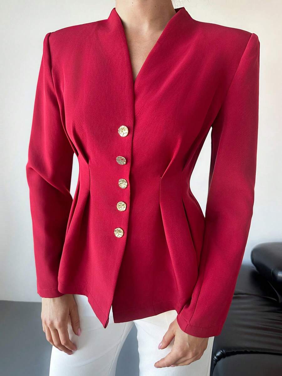 SHEIN Privé Elegancka damska marynarka z wyściełanymi ramionami i plisowaną talią - Burgund - Zobacz 1