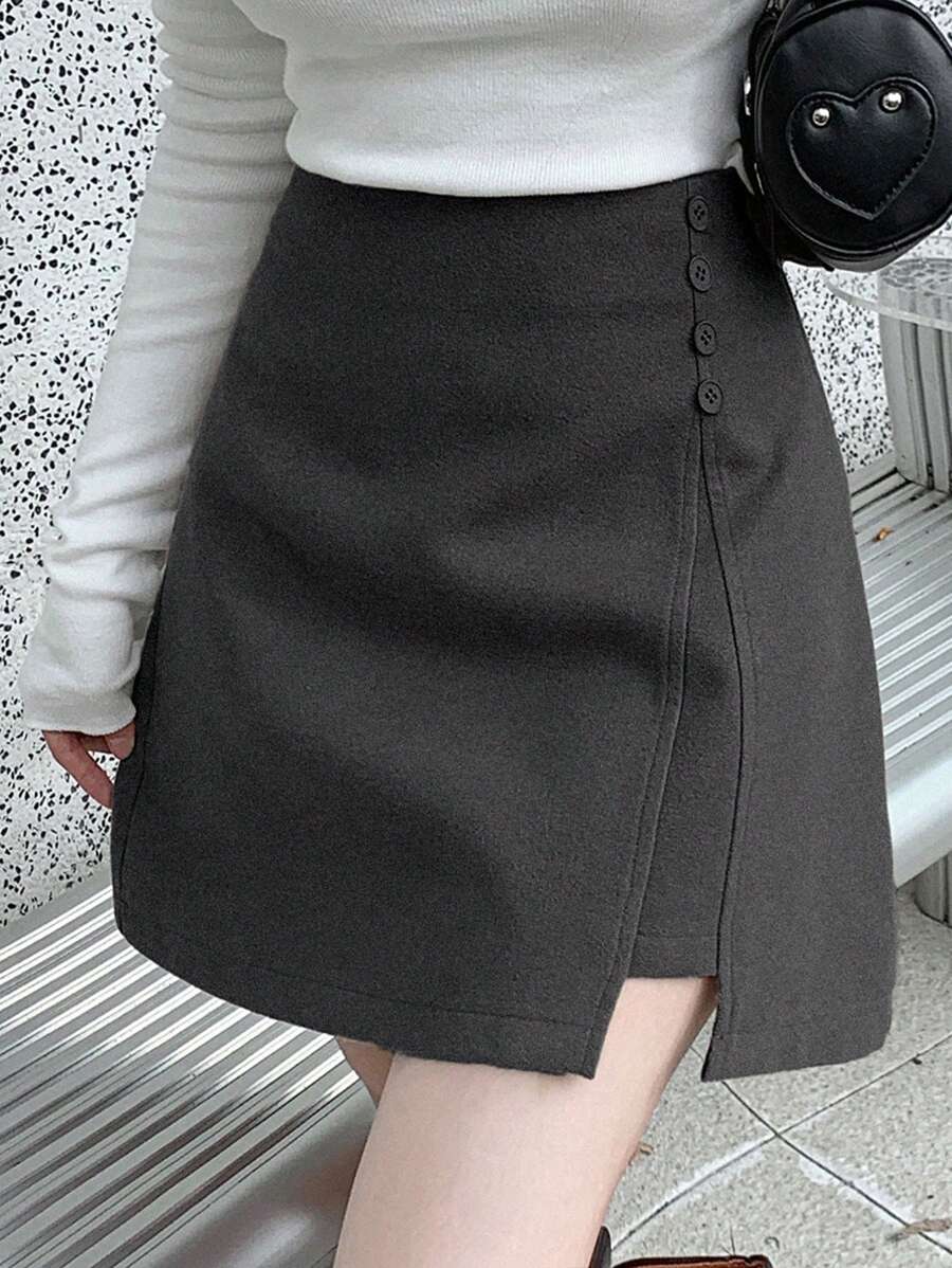 Dazy Star Women Solid Color Side Button Design Slit Hem Mini Skirt Fall Low Rise
