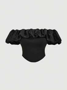 SHEIN MOD Blusa nera elegante e romantica con volant 3D a spalle scoperte, adatta per occasioni di festa, taglie comode - nero - Visualizzare 1