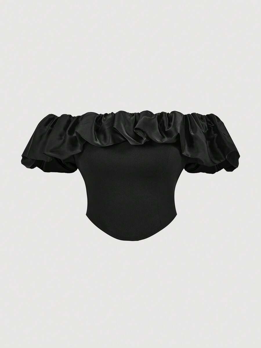 SHEIN MOD Blusa nera elegante e romantica con volant 3D a spalle scoperte, adatta per occasioni di festa, taglie comode - nero - Visualizzare 1