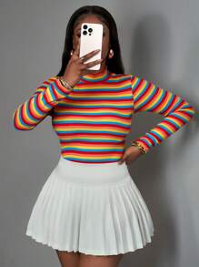 Slaydiva Casual Ribbed Navy Pink Turtleneck Long Sleeve Ribbed Bodycon Women Tee - Orange - View 5
