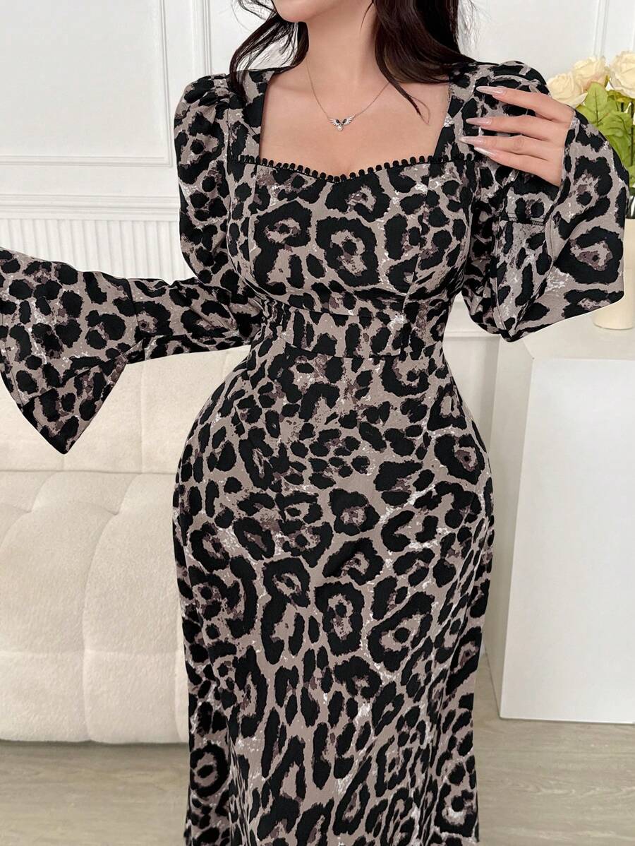 Feyla Vestido de mujer de manga de campana con estampado elegante de leopardo - Blanco y Negro - Ver 1