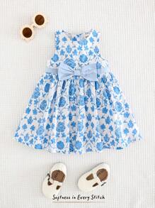 Cozy Pixies 女婴碎花蝴蝶结装饰圆领无袖高腰连衣裙 - 藍色 - 查看 4