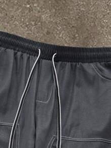 Manfinity Hypemode Men's Drawstring Waist Pocket Wide Leg Casual Pants Men Clothes Men Pants - Dark Grey - View 3