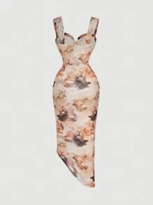 SHEIN MOD Tranh sơn dầu cổ điển in chắp vá xếp nếp eo váy viền trang trí - Màu vàng - Xem 5