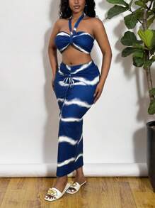 Slaydiva Plus-size dames vakantie halternek tanktop & bodycon rok 2-delige set