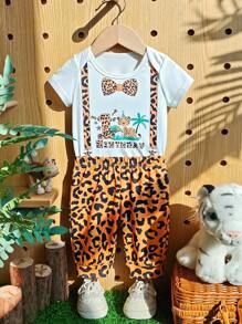 SHEIN Bộ áo liền quần cho bé trai 1 tuổi, kiểu dáng thường ngày, dễ thương, in hình động vật hoạt hình báo đốm, in khẩu hiệu sinh nhật, chất liệu vải dệt kim mềm mại, thích hợp chụp ảnh kỷ niệm sinh nhật, mùa xuân/hè. - trái cam - Xem 1
