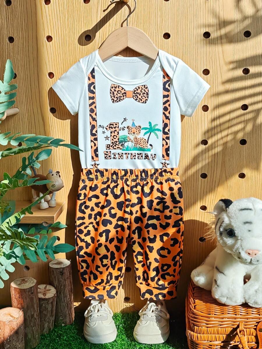 SHEIN Bộ áo liền quần cho bé trai 1 tuổi, kiểu dáng thường ngày, dễ thương, in hình động vật hoạt hình báo đốm, in khẩu hiệu sinh nhật, chất liệu vải dệt kim mềm mại, thích hợp chụp ảnh kỷ niệm sinh nhật, mùa xuân/hè. - trái cam - Xem 1