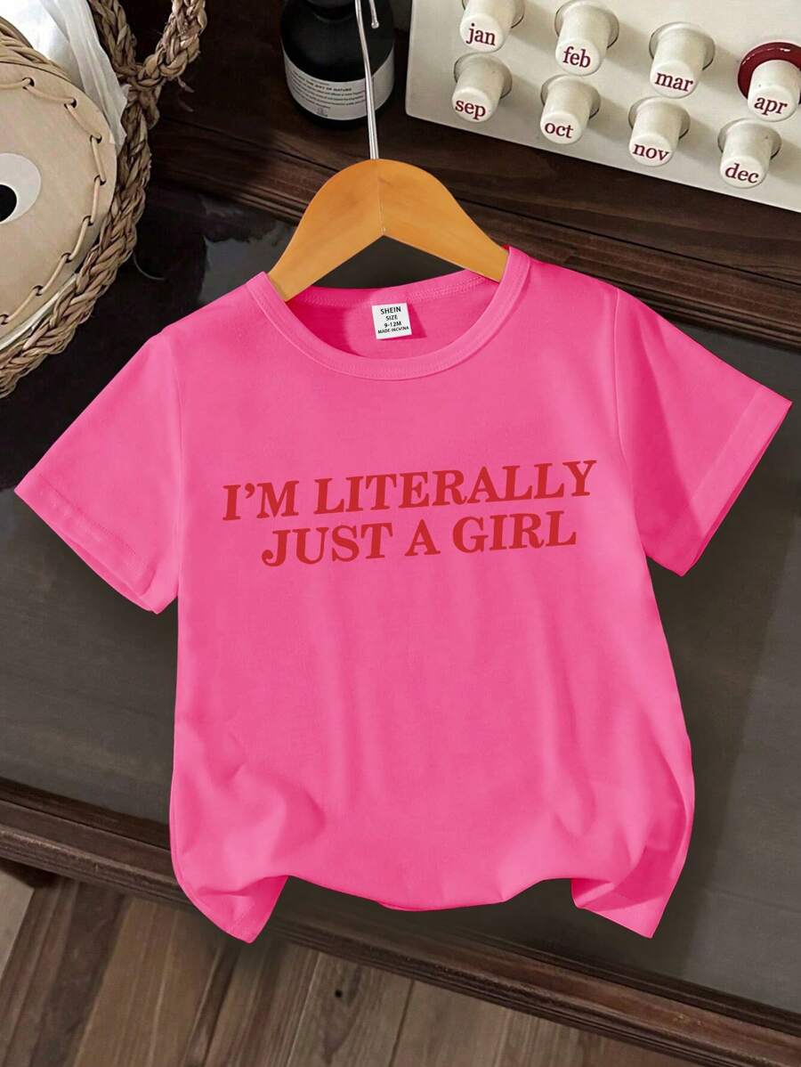 Baby Girl Round Neck Letter Print Casual Versatile T-Shirt, Suitable For Spring/Summer - Hot Pink - View 1