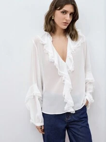 Maija Blusa de manga abullonada con cuello en V y ribete de volantes, camisa holgada y versátil de manga larga con botones delanteros y detalles de volantes en estilo bohemio para principios de primavera, en un look urbano y elegante