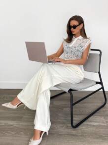 SHEIN Essnce Valentine's Day Lace Polo See-Through Bow T-Shirt Top Women's Casual Sleeveless Top, Fashion Minimalist Design For Everyday Wear - White - View 4