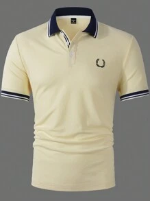 Manfinity Homme Men's Solid Color Patchwork Front Button Placket Short Sleeve Casual Polo Shirt Polo Shirts For Men Collar - Yellow - View 4