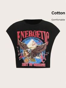 SHEIN EZwear Summer Outfits Eagle & Letter Graphic Crop Tee - Black - View 1