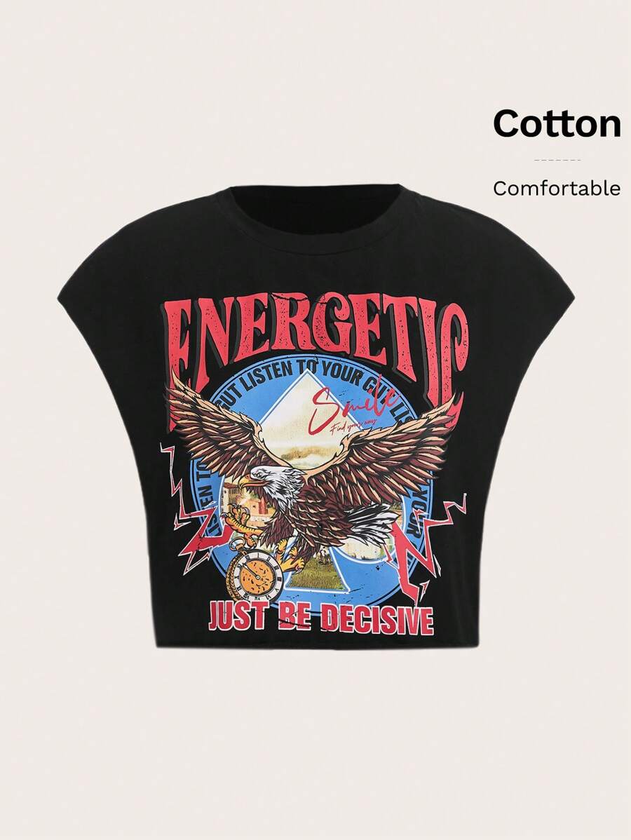 SHEIN EZwear Summer Outfits Eagle & Letter Graphic Crop Tee - Black - View 1