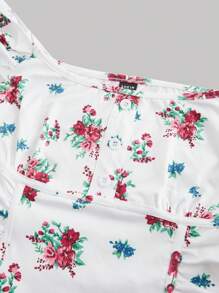 SHEIN MOD 女士休闲前扣短袖褶皱印花T恤，适合茶会、海滩、春季等场合，波西米亚风 - 白色 - 查看 4