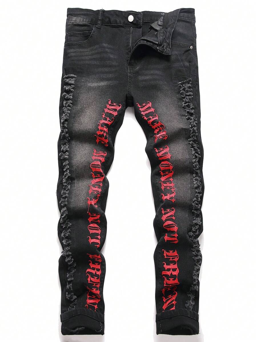 Manfinity Roughcore Men's Casual Letter Printed Simple Style Jeans - Black - View 1