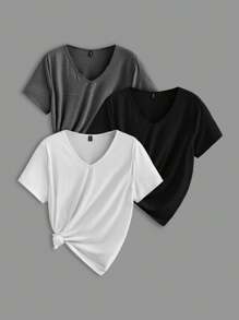 SHEIN LUNE 3 件套 V 领短袖修身大码女式 T 恤套头衫，休闲装，适合夏季 - 彩色 - 查看 1