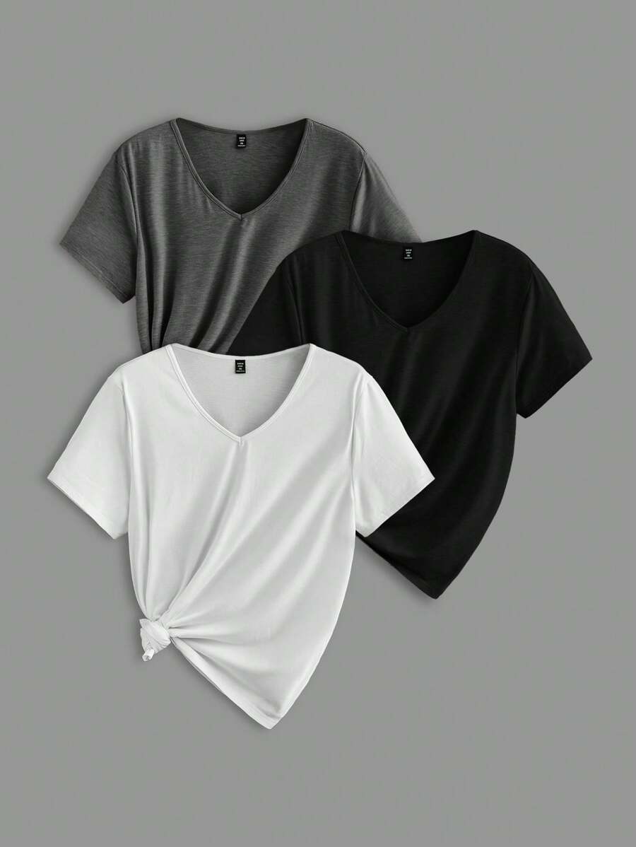SHEIN LUNE 3 件套 V 领短袖修身大码女式 T 恤套头衫，休闲装，适合夏季 - 彩色 - 查看 1