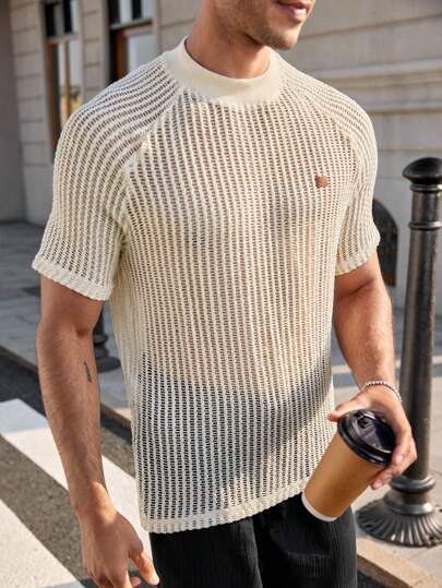 Manfinity RelaxMax Men's Casual Solid Color Hollow Knit T-Shirt