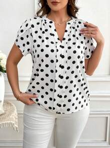 SHEIN Clasi Plus Size Allover Print V-Neck Short Sleeve Casual Shirt Office Blouse Women Business Casual Woman Women Blouses Business Casual Tops Women Blouses For Work Blouses For Women Summer Work Clothes Women Minimalist Casual Shirts Summer Outfits For Women Concert Outfit Women