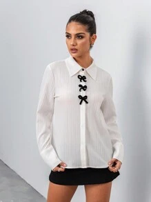 SHEIN Unity Women's Fashionable Versatile Textured Velvet Bowknot Cuff Long Sleeve Blouse Fall Cloth For Women - White - View 3