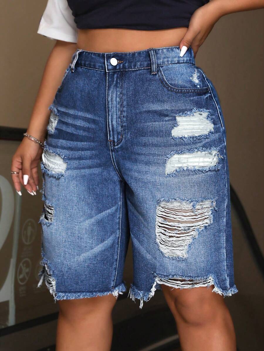 SHEIN ICON Quần short denim thường ngày có túi rách cho nữ cỡ lớn - Rửa trung bình - Xem 1