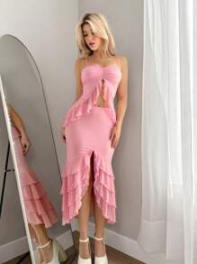 Sweetina 2pcs Set: Ruffle Hem Fishtail Hem Bodycon Sleeveless Top And Skirt - Pink - View 1