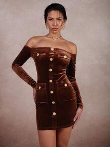 COSMINA Women Off Shoulder Long Sleeve Single-Breasted Fitted Mini Dress, Solid Color