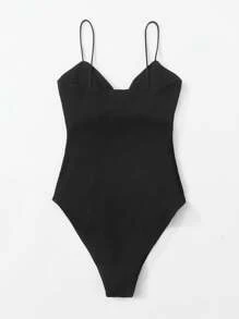 SHEIN EZwear Twist Front Rib-knit Slip Bodysuit - Black - View 2