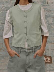 MUSERA Knit Button Up Ribbed Hem Boxy Fit Crew Neck Vest Christmas Winter Elegant Party Evening