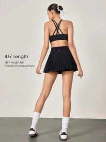 GLOWMODE 让我们玩吸汗弹力中腰交叉腰褶皱网球裙内置短裤侧袋网球高尔夫日常 - 黑色 - 查看 7