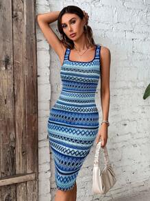 SHEIN VCAY Woman Square Collar Chevron Print Bodycon Cami Dress