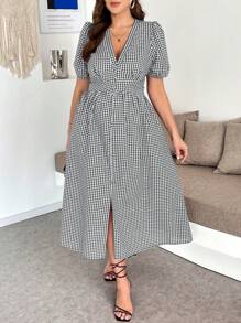 SHEIN Clasi Plus Size V-Neck Gingham Print Short Sleeve Split Casual Midi Dress Casual Dresses For Woman Casual Dresses For Woman Women Midi Dresses Women Clothing Summer Dresses Country Concert Outfit Beachwear Vacation Rave Outfits Festival Beach Dresses Beach Vacation Outfits Graduation Outfit Casual Summer Outfits For Women Concert Beachwear Summer Outfits For Women - Black and White - View 5