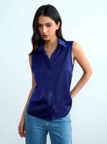 Lumivelle Elegant New Satin Shirt Blouse, Mid-Length Top With Lapel Drapery, Women Fashion Solid Color Sleeveless Turndown Collar Shirt, Office Workwear