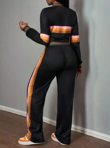 Slaydiva Winter Zip-Up Jacket And Decorated Trim Women Pants Suit Set - Black - View 2