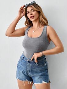SHEIN BASICS Plus Size Solid Color Knit Slim Fit Sling Top & Camisole - Dark Grey - View 4
