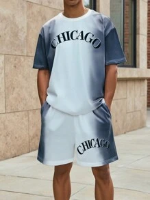 Manfinity EMRG Men Letter Print Ombre Short Sleeve T-Shirt And Shorts 2 Pieces Set