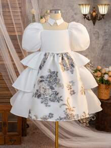 Tween Girls Elegant Holiday Puff Sleeve Princess Dress - White - View 2