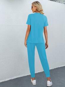 SHEIN LUNE 女式平纹针织休闲度假抽绳短袖上衣和裤子套装，轻便，两件套 - 淺藍色 - 查看 2